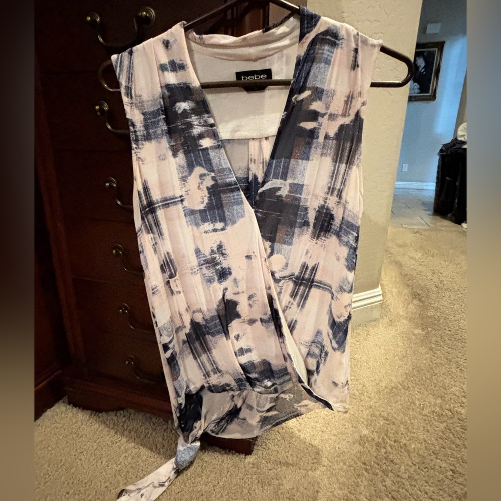 bebe Navy and White Abstract Wrap Camisole